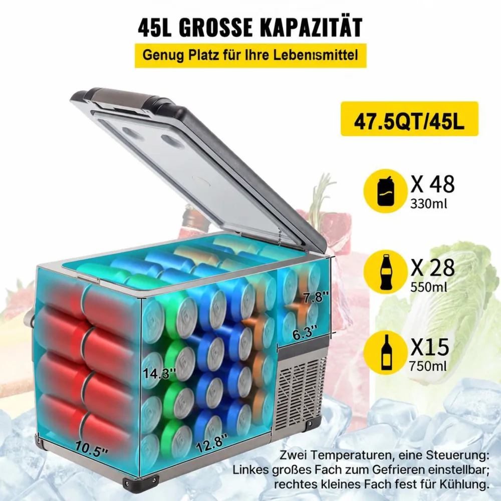 VEVOR Tragbare Kühlbox 45 L Auto Kühlschrank Kompressor-Kühlbox Mini-Kühlschrank Elektrische Gefrierbox Gefrierschrank für Auto Camping Lkw Boot