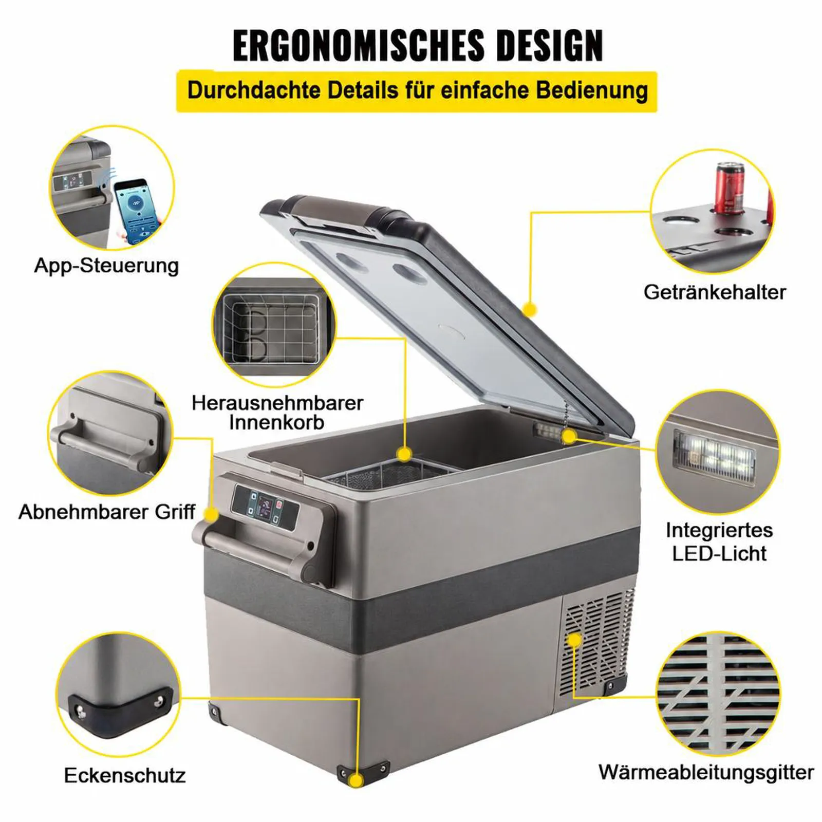 VEVOR Tragbare Kühlbox 45 L Auto Kühlschrank Kompressor-Kühlbox Mini-Kühlschrank Elektrische Gefrierbox Gefrierschrank für Auto Camping Lkw Boot