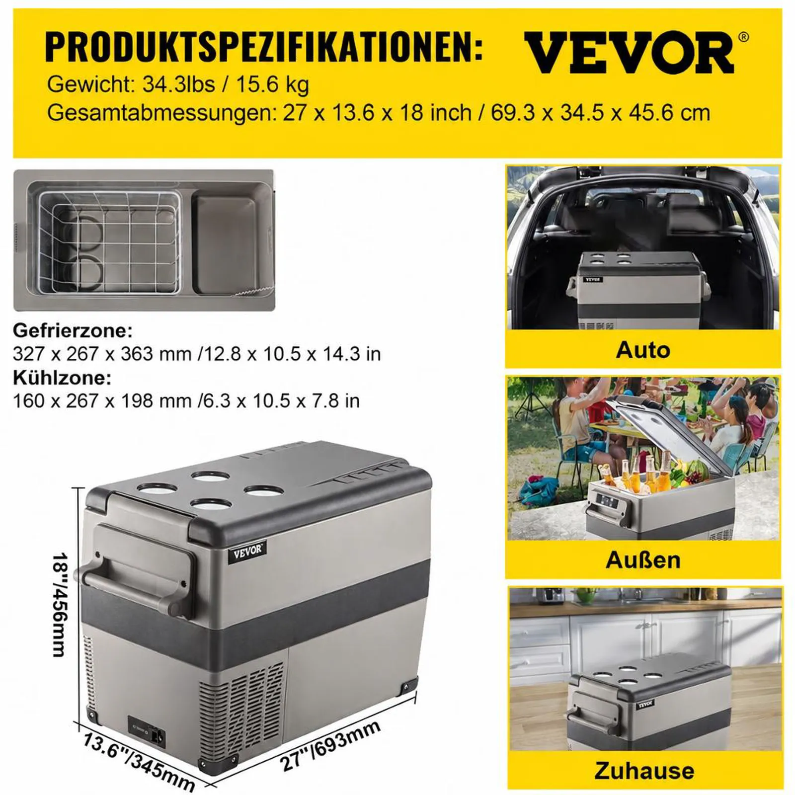 VEVOR Tragbare Kühlbox 45 L Auto Kühlschrank Kompressor-Kühlbox Mini-Kühlschrank Elektrische Gefrierbox Gefrierschrank für Auto Camping Lkw Boot