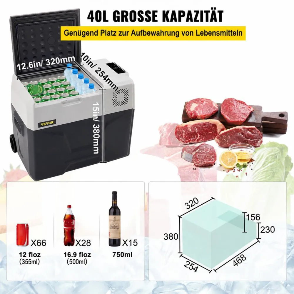 VEVOR Kompressor-Kühlbox 40 L mit App-Steuerung und Rädern für Unterwegs, -20 bis 20 °C, 12/24 V DC und 120/240 V AC, Tragbarer Auto-Kühlschrank mit USB-Anschluss für Camping, Wohnmobil, Boot und Lkw