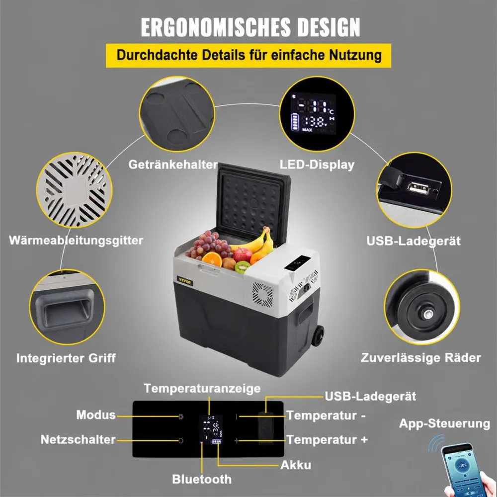 VEVOR Kompressor-Kühlbox 40 L mit App-Steuerung und Rädern für Unterwegs, -20 bis 20 °C, 12/24 V DC und 120/240 V AC, Tragbarer Auto-Kühlschrank mit USB-Anschluss für Camping, Wohnmobil, Boot und Lkw
