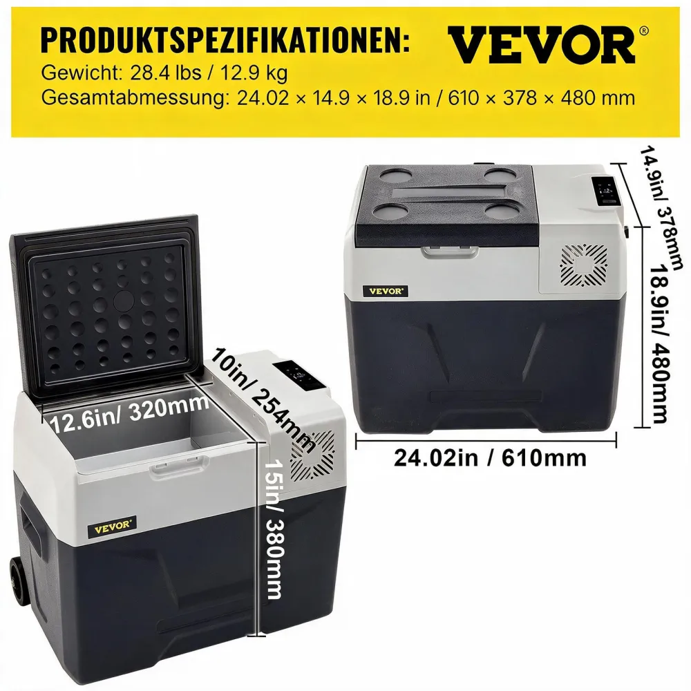 VEVOR Kompressor-Kühlbox 40 L mit App-Steuerung und Rädern für Unterwegs, -20 bis 20 °C, 12/24 V DC und 120/240 V AC, Tragbarer Auto-Kühlschrank mit USB-Anschluss für Camping, Wohnmobil, Boot und Lkw