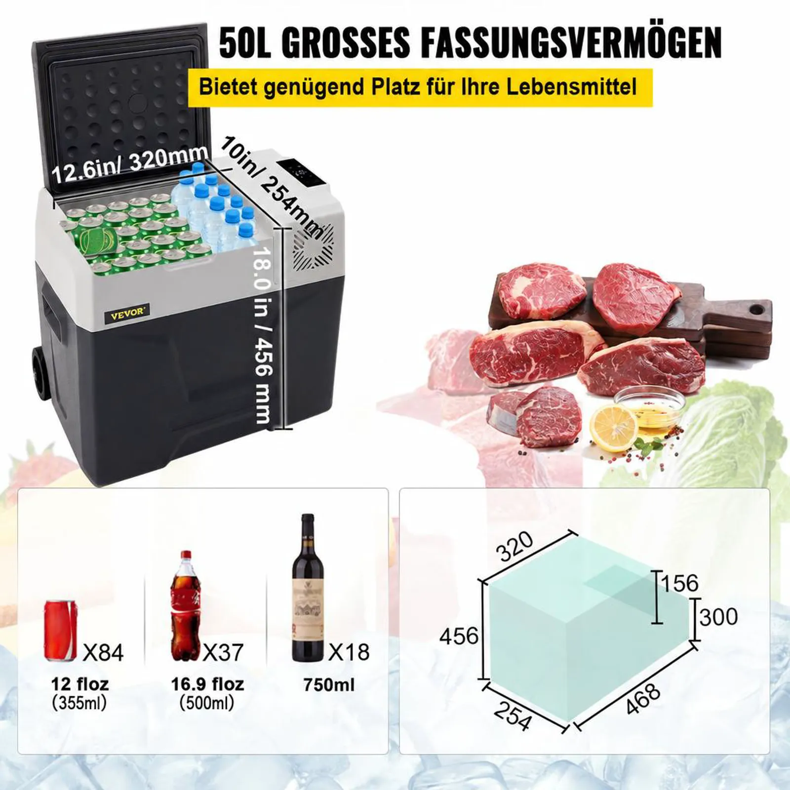 VEVOR 50L Autokühlschrank Kompressorkühlbox Edelstahl Urlaub Isolierbox Mini Kühlschrank Kühlbox Auto und Steckdose