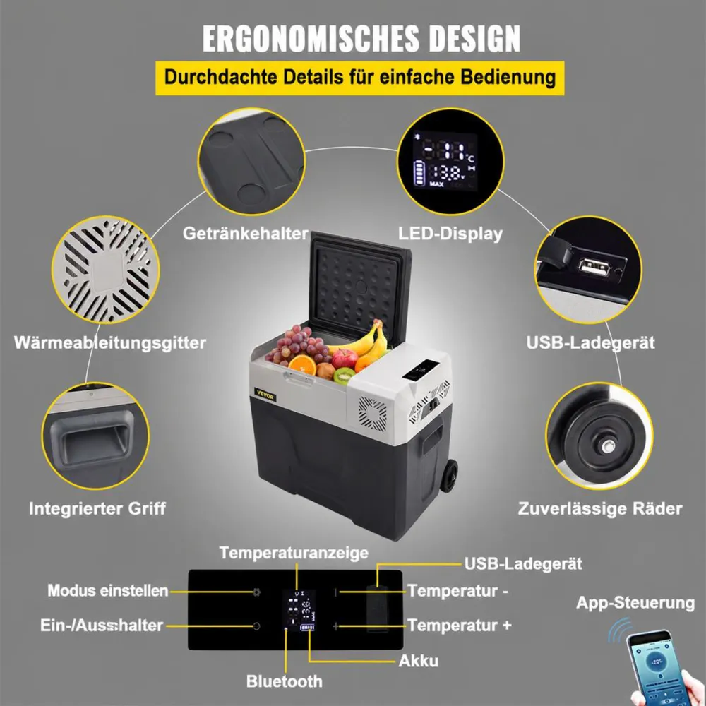 VEVOR 50L Autokühlschrank Kompressorkühlbox Edelstahl Urlaub Isolierbox Mini Kühlschrank Kühlbox Auto und Steckdose
