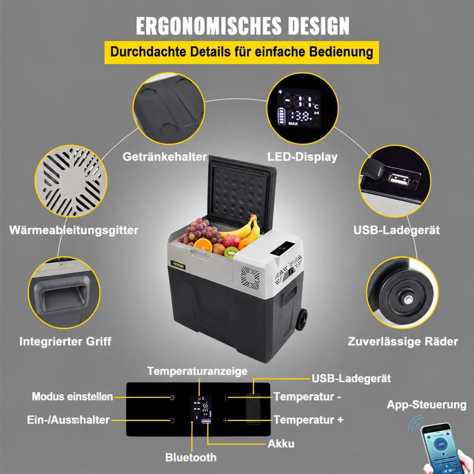 VEVOR 50L Autokühlschrank Kompressorkühlbox Edelstahl Urlaub Isolierbox Mini Kühlschrank Kühlbox Auto und Steckdose
