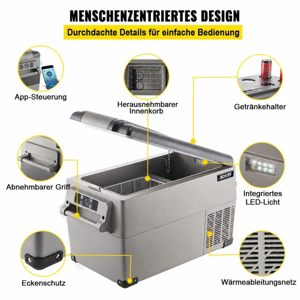 VEVOR 35 L Kompressor Kühlbox Edelstahl, Autokühlschrank 12/24 V DC & 220 V AC, Mini Kühlschrank Tragbar −20 °C bis 20 °C, Isolierbox Ideal für Auto Lkw Wohnmobil, Camping Urlaub