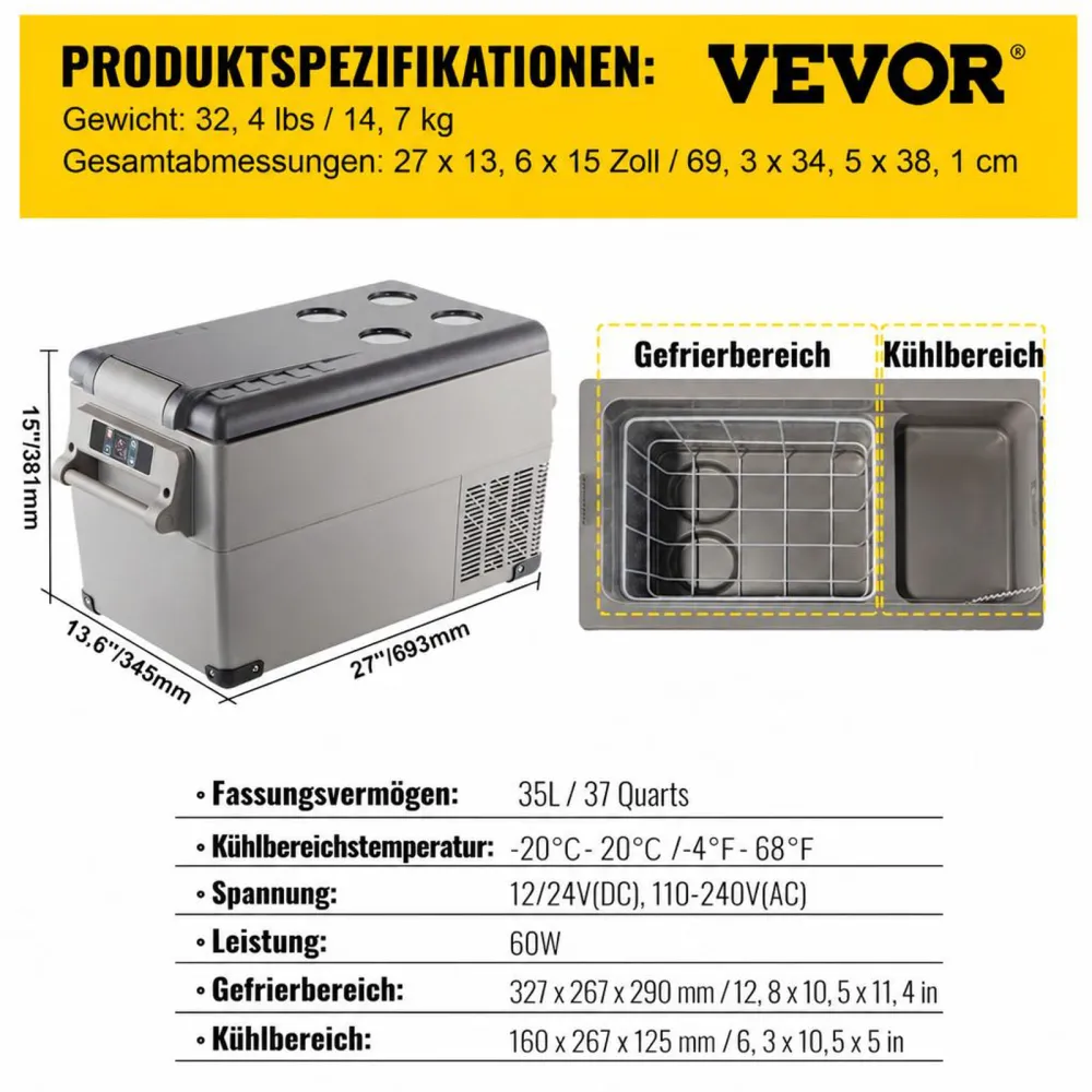 VEVOR 35 L Kompressor Kühlbox Edelstahl, Autokühlschrank 12/24 V DC & 220 V AC, Mini Kühlschrank Tragbar −20 °C bis 20 °C, Isolierbox Ideal für Auto Lkw Wohnmobil, Camping Urlaub