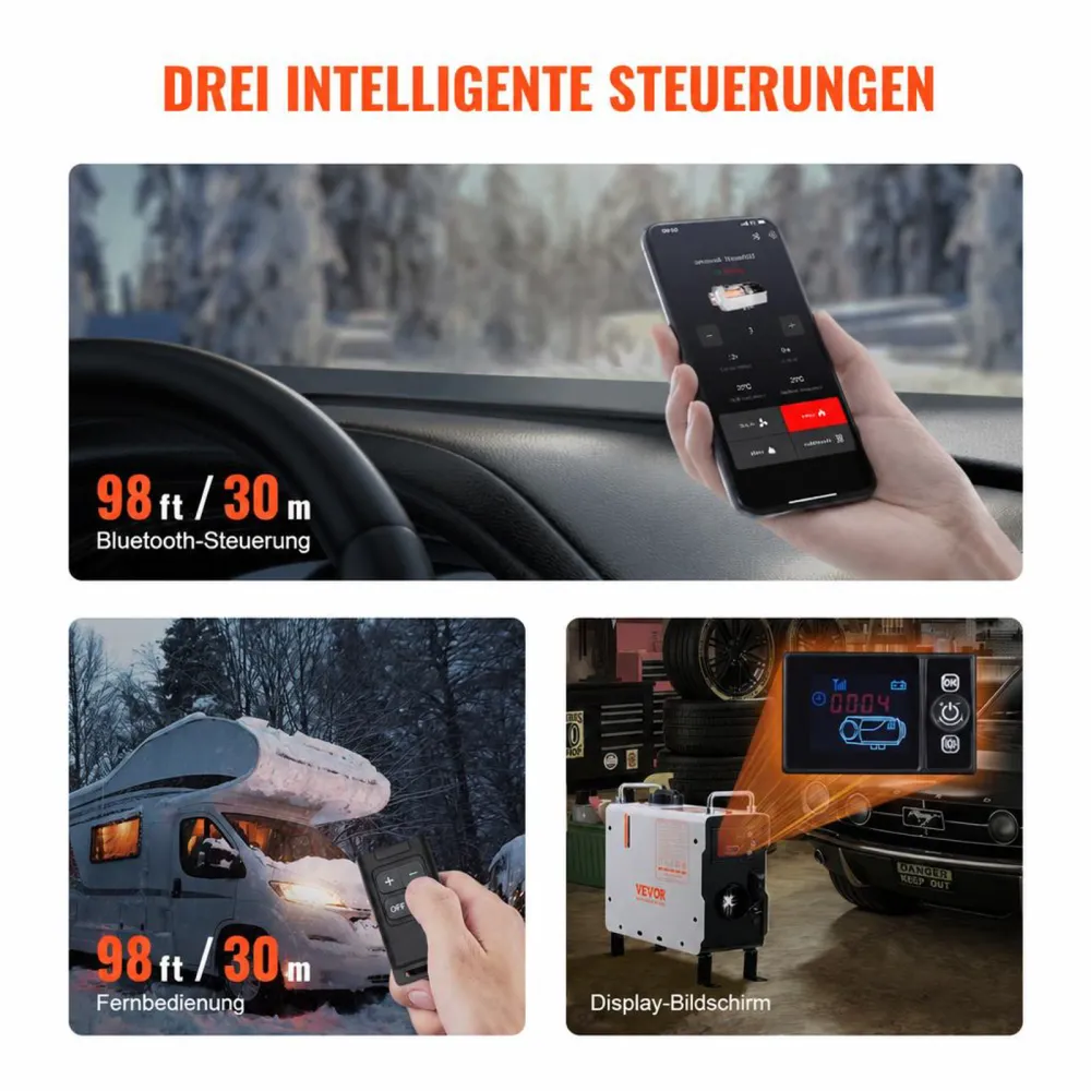 VEVOR 2 kW Dieselheizung 12 V/24 V All in One Diesel-Luftheizung, mit Bluetooth-App-Steuerung & Fernbedienung & Anzeigebildschirm & CO-Alarm, schnell aufheizende tragbare vertikale Dieselheizung