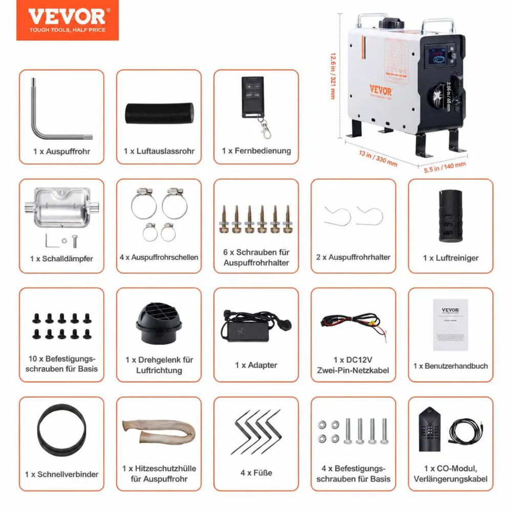 VEVOR 2 kW Dieselheizung 12 V/24 V All in One Diesel-Luftheizung, mit Bluetooth-App-Steuerung & Fernbedienung & Anzeigebildschirm & CO-Alarm, schnell aufheizende tragbare vertikale Dieselheizung