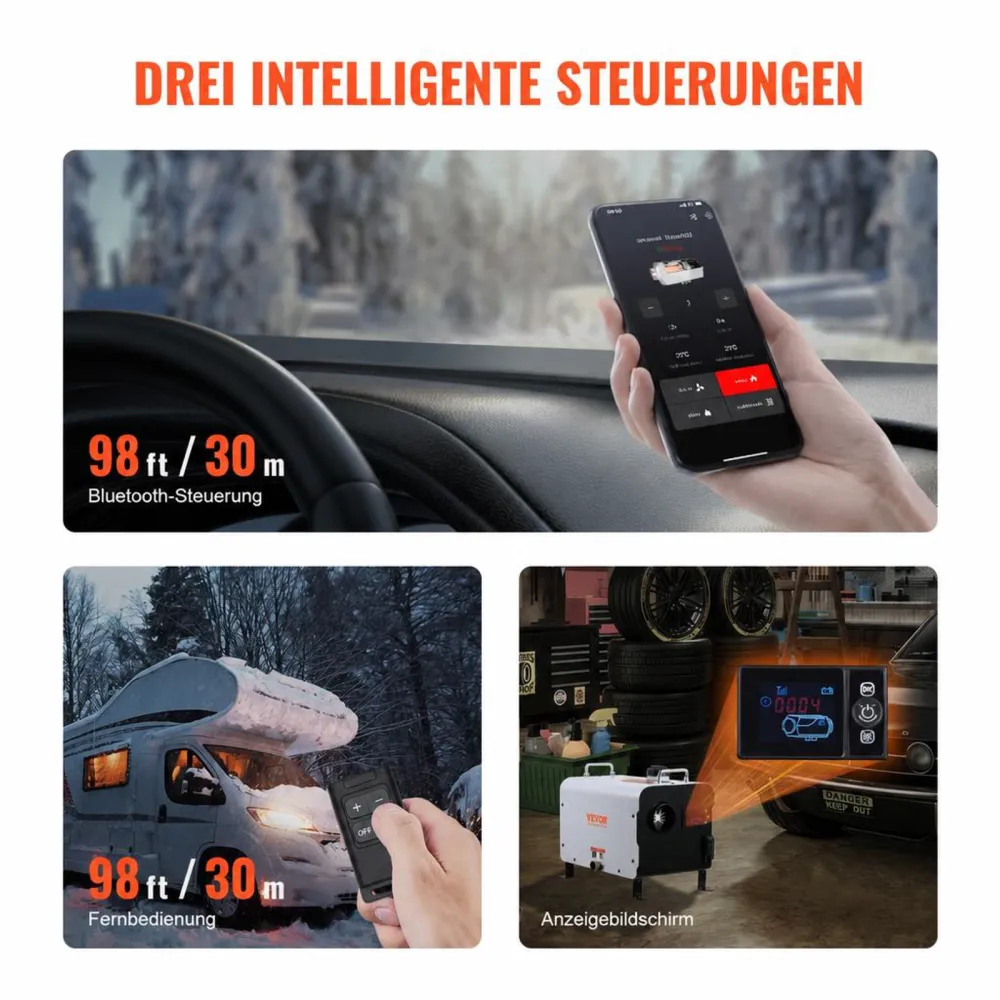 VEVOR 8 kW Dieselheizung 12 V / 24 V All in One Diesel-Luftheizung mit Bluetooth-App-Steuerung & Fernbedienung & Anzeigebildschirm & CO-Alarm, schnell aufheizende tragbare Dieselheizung für Fahrzeuge