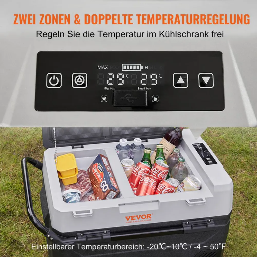VEVOR Camping Kühlschrank 53 L Kühlbox, 12 / 24 V Rollbare Elektrische Gefrierbox 2 in 1 Doppelzone, Auto Kühlschrank Kompressor zum Warmhalten und Kühlen 60 W Tragbar Handgriff Boot, Lkw, Mobil Grau