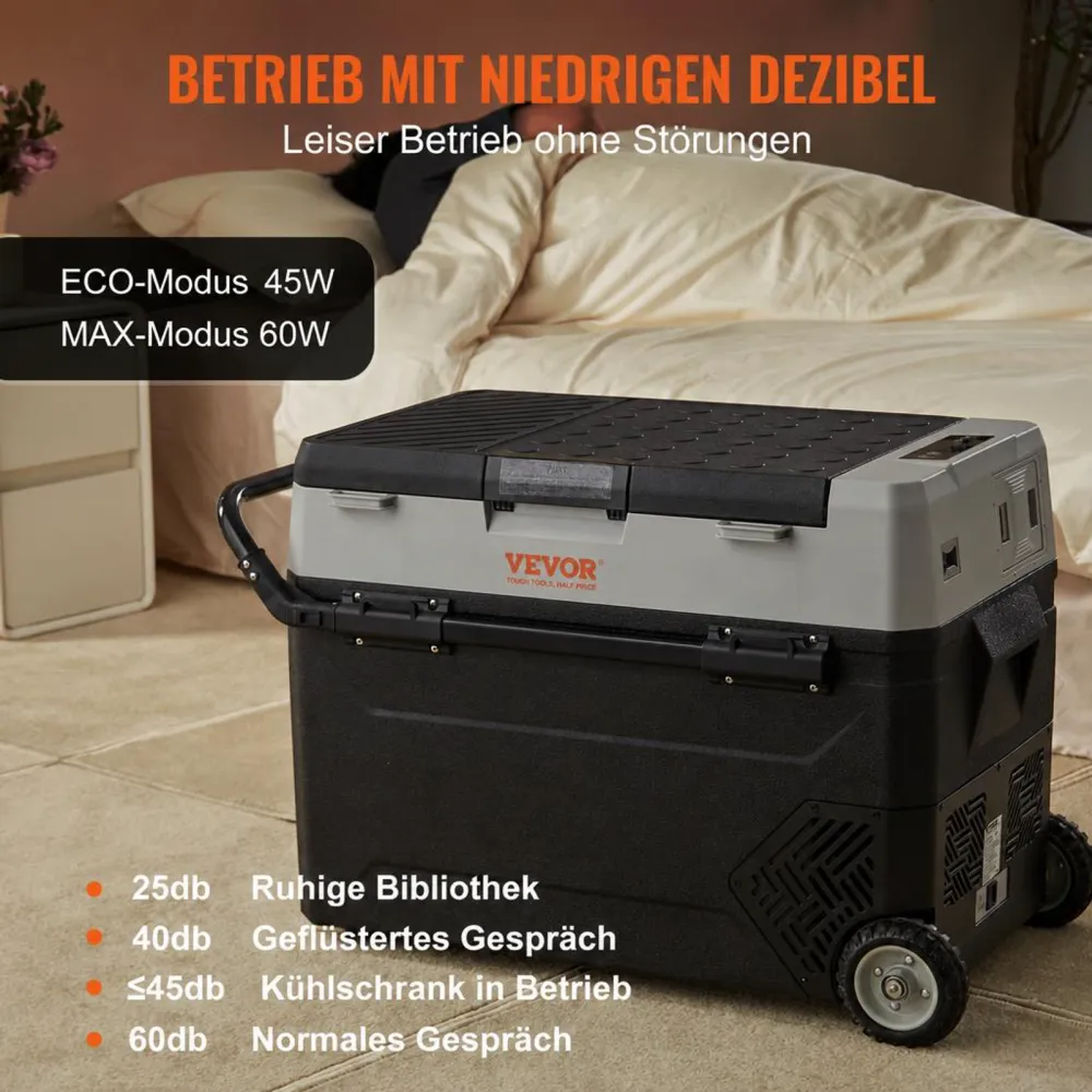 VEVOR Camping Kühlschrank 53 L Kühlbox, 12 / 24 V Rollbare Elektrische Gefrierbox 2 in 1 Doppelzone, Auto Kühlschrank Kompressor zum Warmhalten und Kühlen 60 W Tragbar Handgriff Boot, Lkw, Mobil Grau