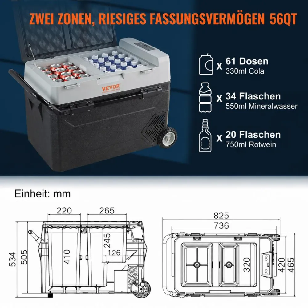 VEVOR Camping Kühlschrank 53 L Kühlbox, 12 / 24 V Rollbare Elektrische Gefrierbox 2 in 1 Doppelzone, Auto Kühlschrank Kompressor zum Warmhalten und Kühlen 60 W Tragbar Handgriff Boot, Lkw, Mobil Grau