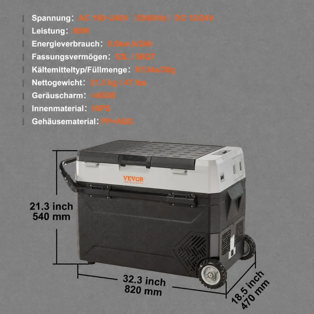 VEVOR Camping Kühlschrank 53 L Kühlbox, 12 / 24 V Rollbare Elektrische Gefrierbox 2 in 1 Doppelzone, Auto Kühlschrank Kompressor zum Warmhalten und Kühlen 60 W Tragbar Handgriff Boot, Lkw, Mobil Grau