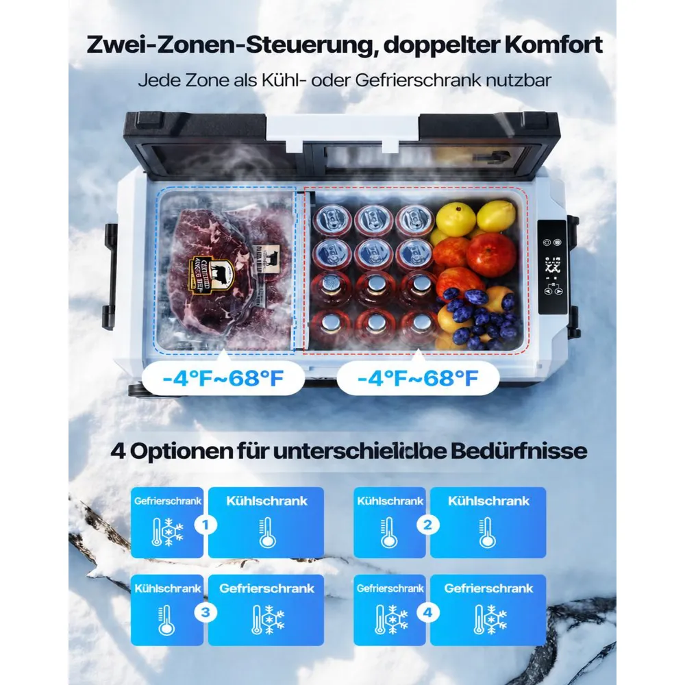 VEVOR Kompressor Kühlbox 12/24 V DC 100–240 V AC, Autokühlschrank 55 L mit App-Steuerung & Rädern & 2 Temperaturzonen (-20 °C bis 20 °C), Tragbarer Kühlschrank für Wohnmobile Boote Camping Angeln