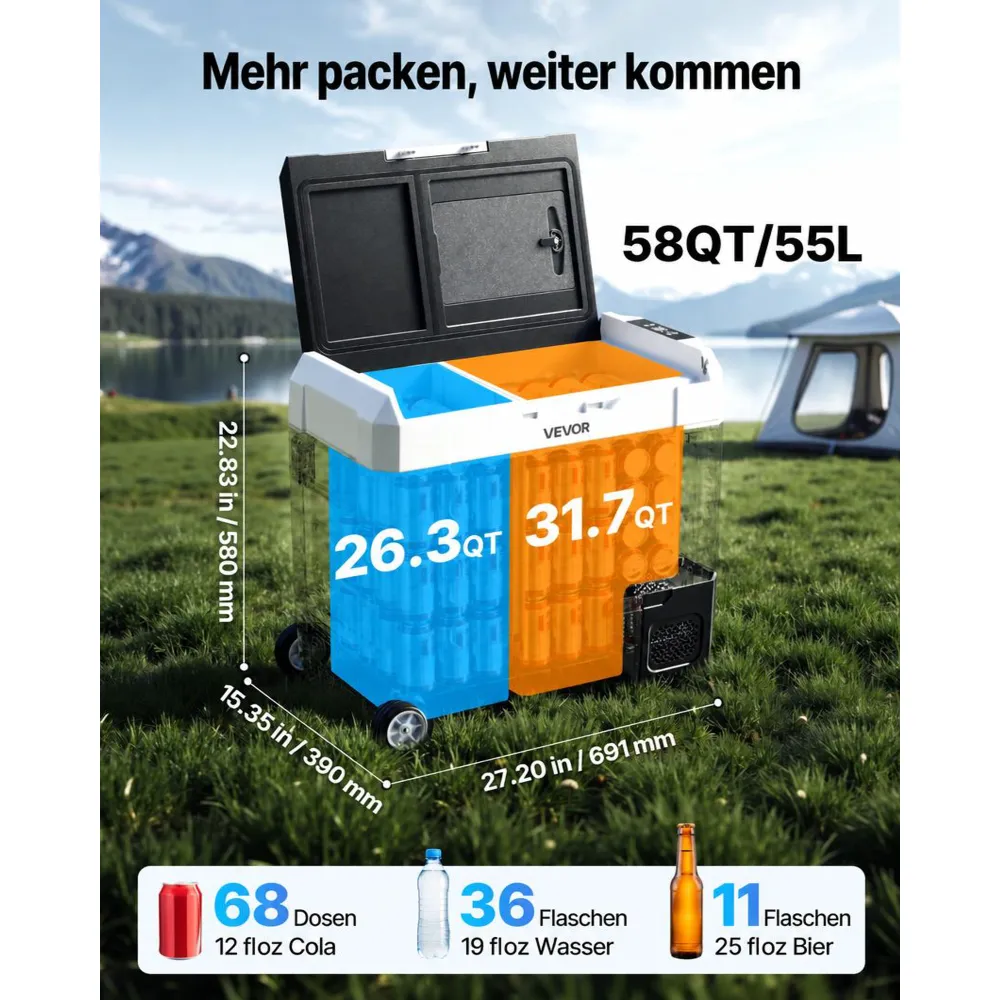 VEVOR Kompressor Kühlbox 12/24 V DC 100–240 V AC, Autokühlschrank 55 L mit App-Steuerung & Rädern & 2 Temperaturzonen (-20 °C bis 20 °C), Tragbarer Kühlschrank für Wohnmobile Boote Camping Angeln