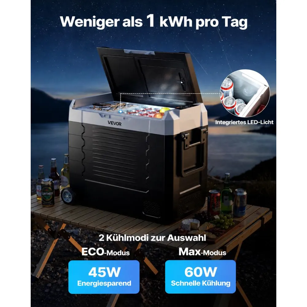 VEVOR Kompressor Kühlbox 12/24 V DC 100–240 V AC, Autokühlschrank 55 L mit App-Steuerung & Rädern & 2 Temperaturzonen (-20 °C bis 20 °C), Tragbarer Kühlschrank für Wohnmobile Boote Camping Angeln