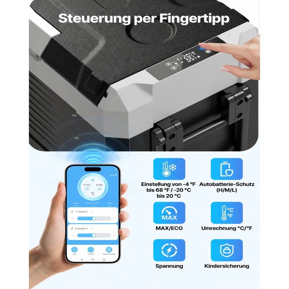 VEVOR Kompressor Kühlbox 12/24 V DC 100–240 V AC, Autokühlschrank 55 L mit App-Steuerung & Rädern & 2 Temperaturzonen (-20 °C bis 20 °C), Tragbarer Kühlschrank für Wohnmobile Boote Camping Angeln