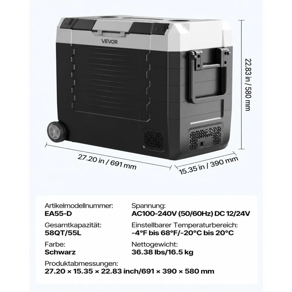 VEVOR Kompressor Kühlbox 12/24 V DC 100–240 V AC, Autokühlschrank 55 L mit App-Steuerung & Rädern & 2 Temperaturzonen (-20 °C bis 20 °C), Tragbarer Kühlschrank für Wohnmobile Boote Camping Angeln