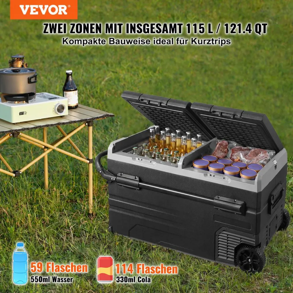 VEVOR 12 V Autokühlschrank, tragbarer 115 L Gefrierschrank mit 2 Zonen und Rädern & Griff, -20 °C bis 20 °C, 12/24 V DC / 100–240 V AC-Kompressorkühler für den Außenbereich, Camping, Reisen