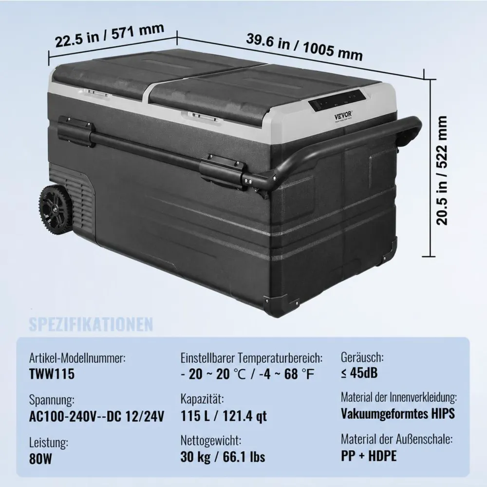VEVOR 12 V Autokühlschrank, tragbarer 115 L Gefrierschrank mit 2 Zonen und Rädern & Griff, -20 °C bis 20 °C, 12/24 V DC / 100–240 V AC-Kompressorkühler für den Außenbereich, Camping, Reisen