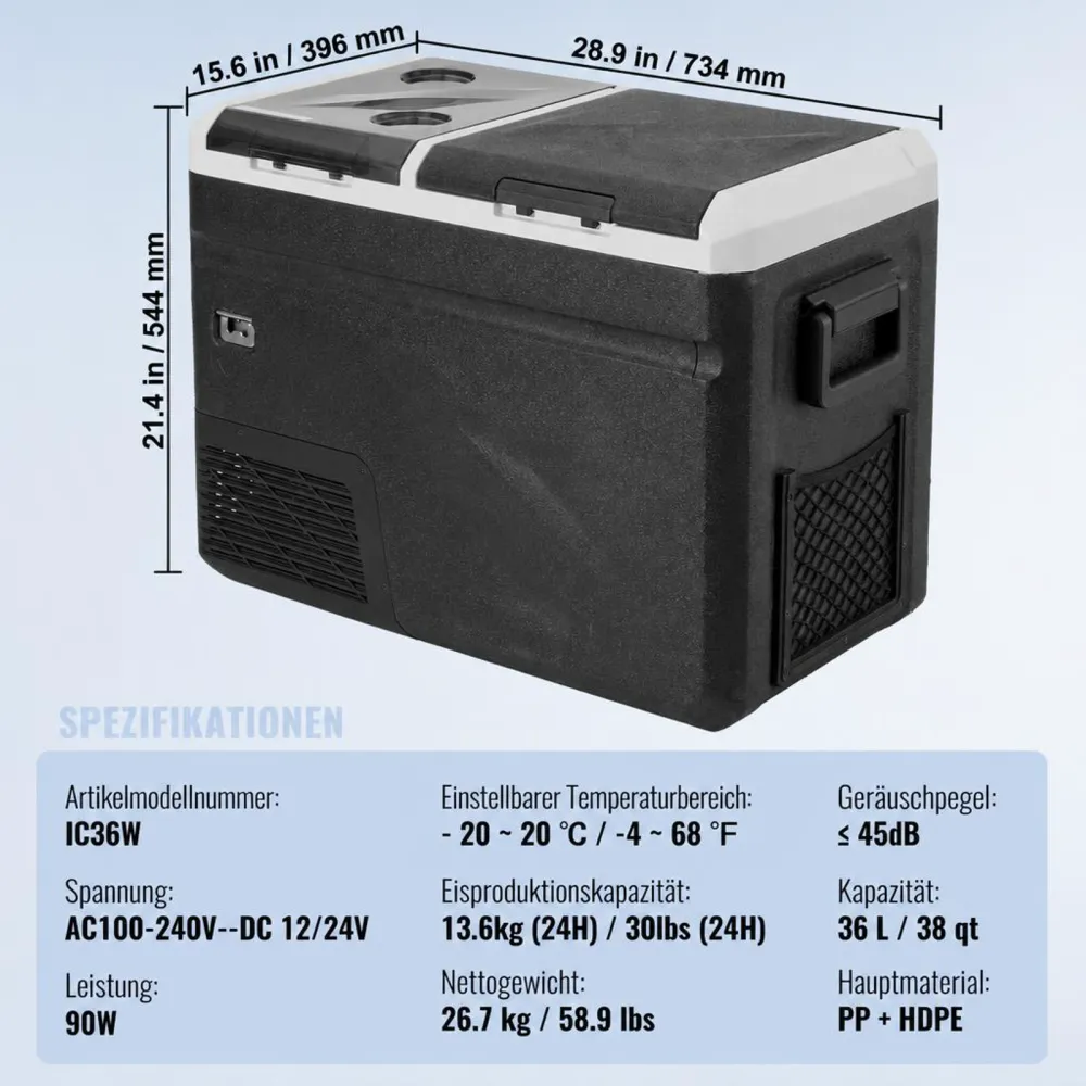 VEVOR tragbarer 36 L Autokühlschrank mit Eisherstellungsfunktion12 V & Einzelzone, einstellbar -20 °C bis 20 °C, Kompressorkühler für Camping, Auto, Wohnmobil