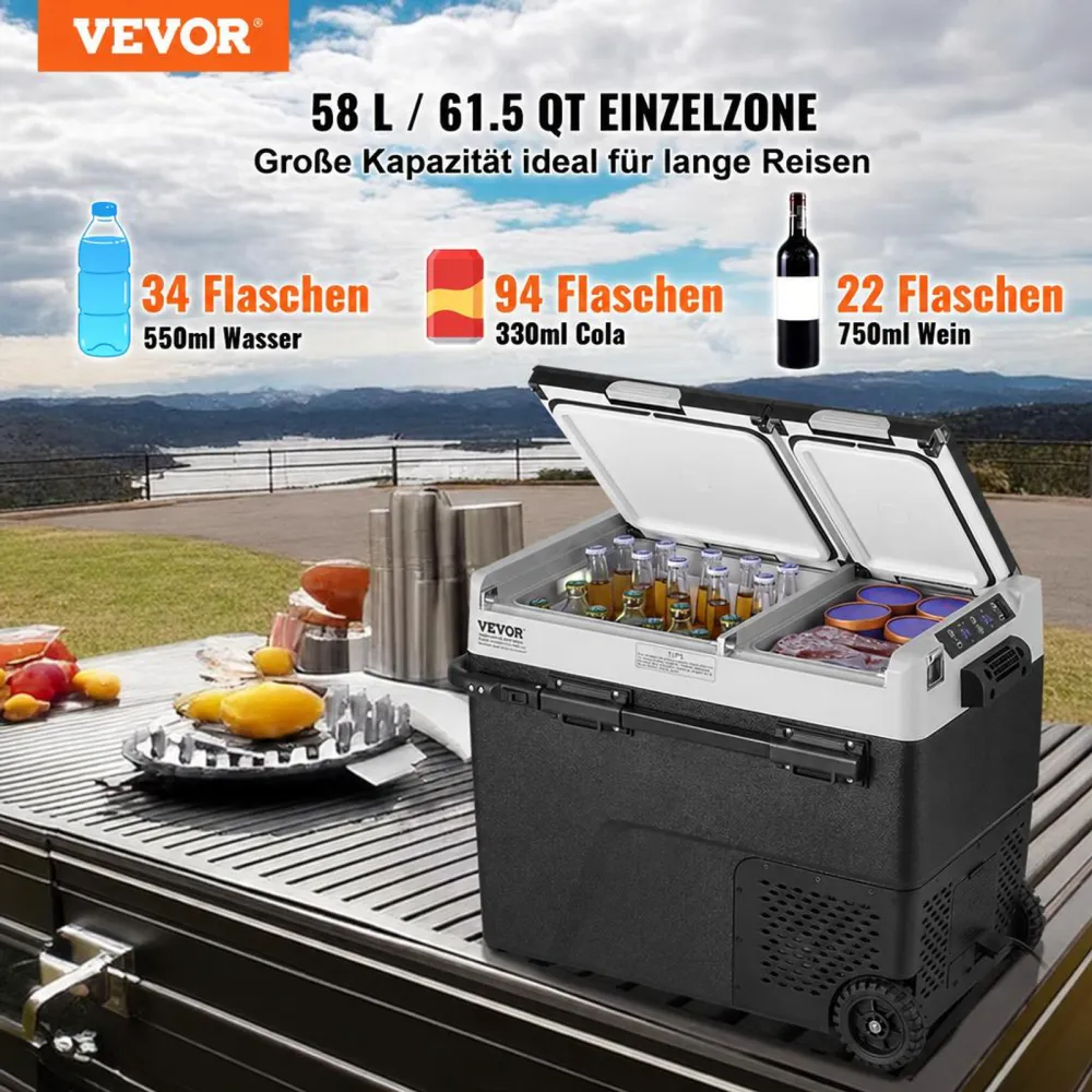 VEVOR Tragbarer Autokühlschrank, 12-Volt-Autokühlschrank, 58 l / 61,5 QT tragbarer Zweizonen-Gefrierschrank, -20 °C bis 20 °C einstellbare Temperatur, Kompressorkühler für Zuhause, Outdoor, Camping