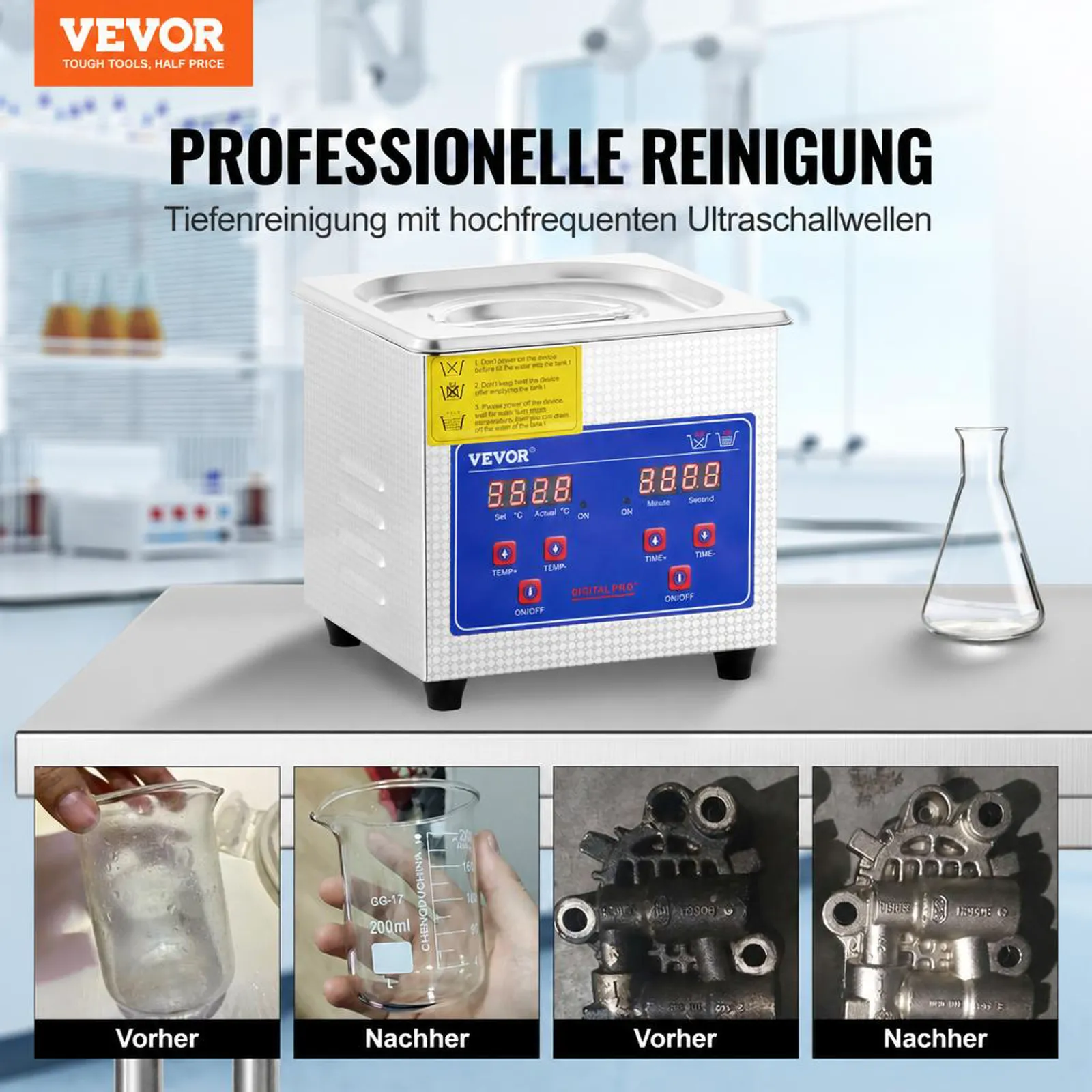 VEVOR Professioneller Ultraschallreiniger, 1,3 L Ultraschall-Schmuckreiniger mit digitalem Timer und Heizung, Edelstahl-Industrie-Schallreiniger 40 kHz für Brillen, Uhren, Ringe, Kleinteile