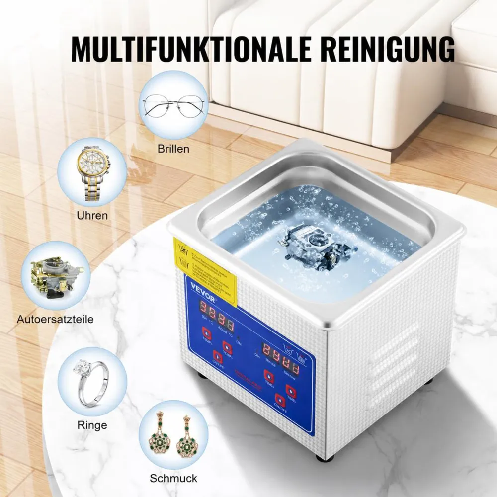VEVOR Professioneller Ultraschallreiniger, 1,3 L Ultraschall-Schmuckreiniger mit digitalem Timer und Heizung, Edelstahl-Industrie-Schallreiniger 40 kHz für Brillen, Uhren, Ringe, Kleinteile
