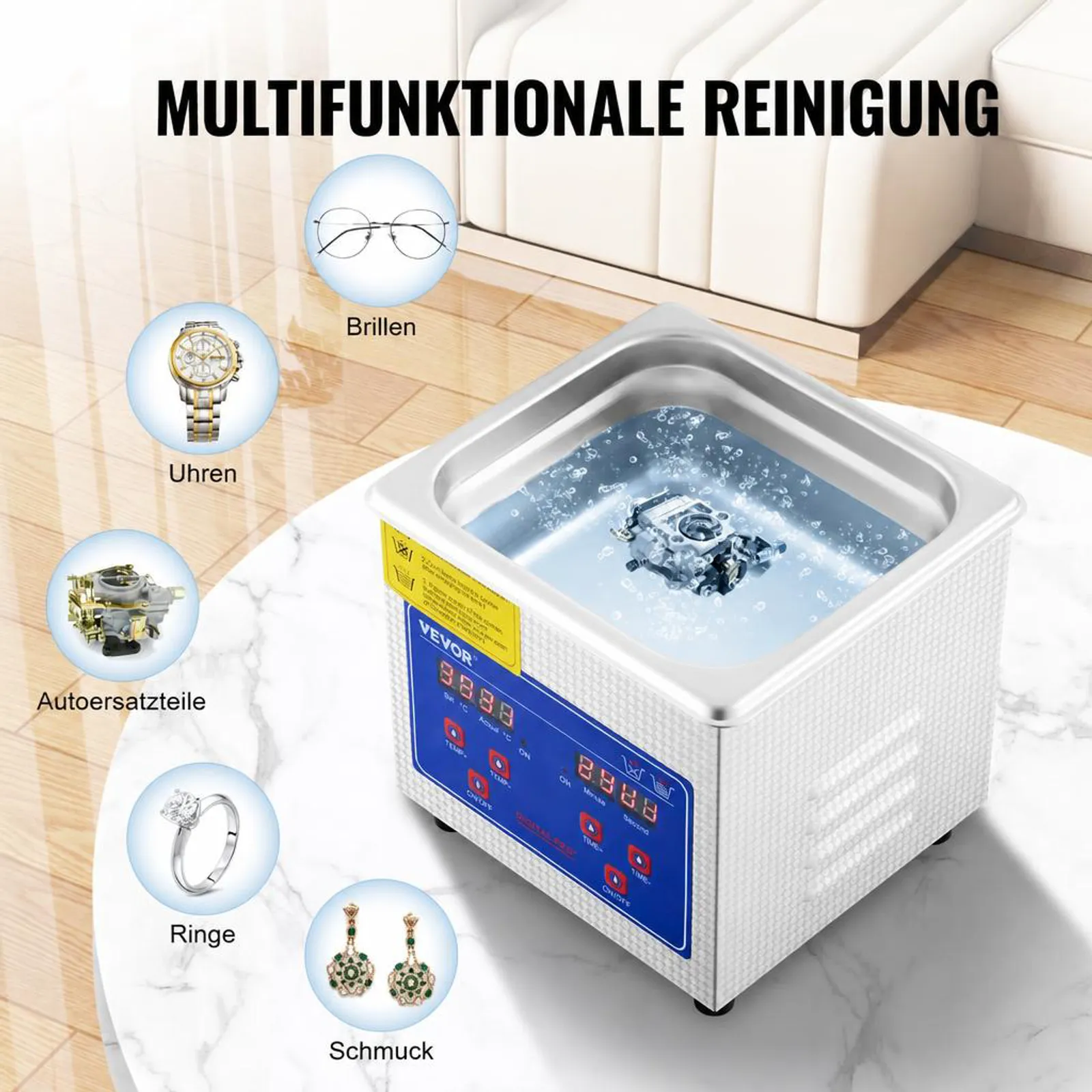 VEVOR Professioneller Ultraschallreiniger, 1,3 L Ultraschall-Schmuckreiniger mit digitalem Timer und Heizung, Edelstahl-Industrie-Schallreiniger 40 kHz für Brillen, Uhren, Ringe, Kleinteile