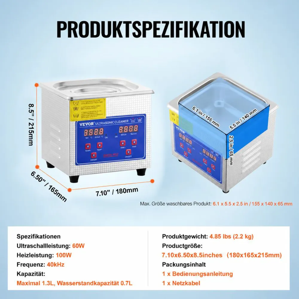 VEVOR Professioneller Ultraschallreiniger, 1,3 L Ultraschall-Schmuckreiniger mit digitalem Timer und Heizung, Edelstahl-Industrie-Schallreiniger 40 kHz für Brillen, Uhren, Ringe, Kleinteile