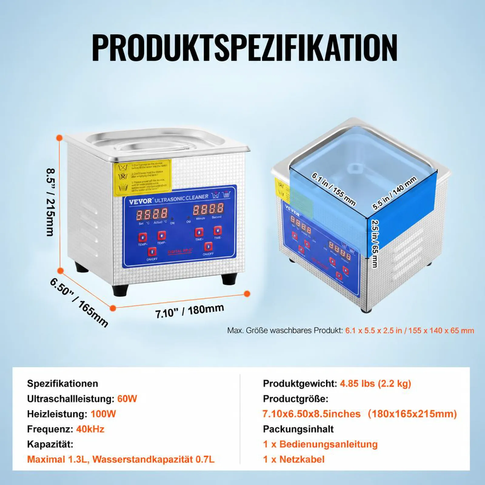 VEVOR Professioneller Ultraschallreiniger, 1,3 L Ultraschall-Schmuckreiniger mit digitalem Timer und Heizung, Edelstahl-Industrie-Schallreiniger 40 kHz für Brillen, Uhren, Ringe, Kleinteile