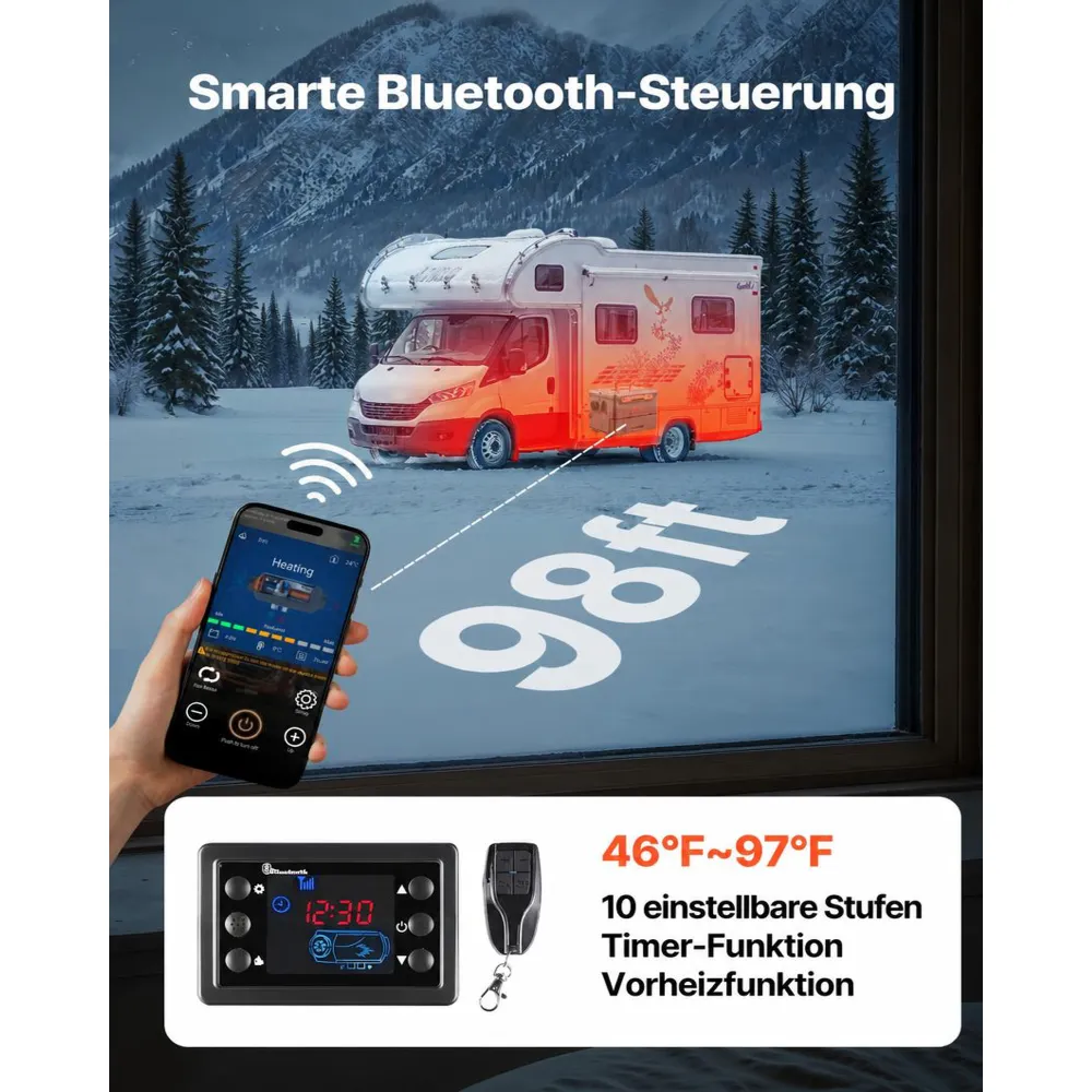 VEVOR Dieselheizung 5-8KW DC 12 V/24 V, tragbarer All in One Diesel-Lufterhitzer mit Bluetooth-Steuerung & Fernbedienung & LCD-Bildschirm, 5 L Kraftstofftank für Lkw Wohnmobile