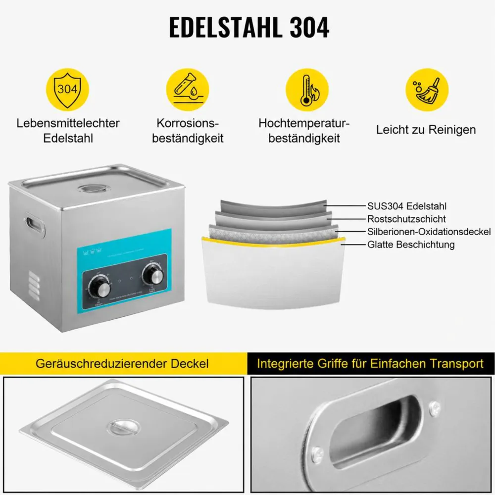 VEVOR Knob Control Ultrasonic Ultraschallreiniger 15L, Ultraschall Reinigungsgerät mit Heizung, Schmuckreiniger Ultraschall 230 V, Digitaler Ultraschallreiniger 400 W Ultraschallreinigungsgerät 40 kHz