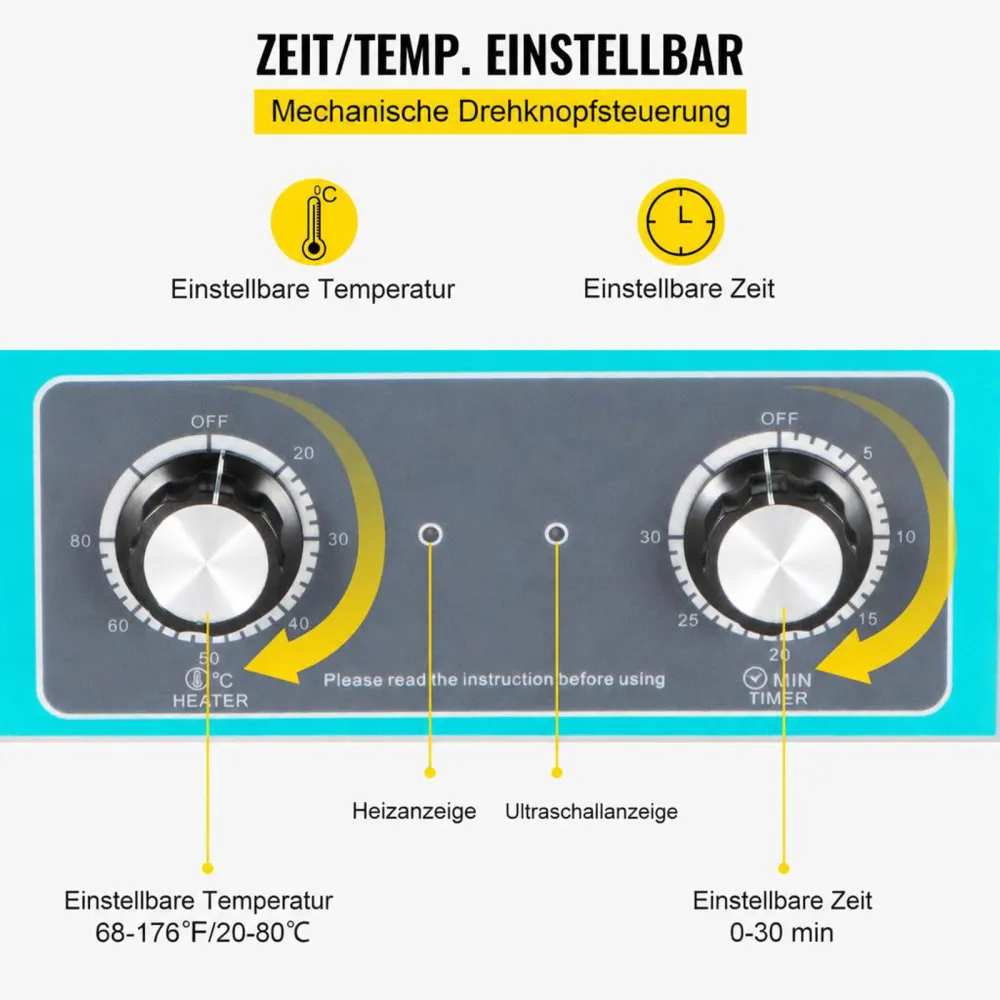 VEVOR Knob Control Ultrasonic Cleaner Ultraschallreiniger 30 L, Ultraschall Reinigungsgerät 40 kHz 600 W, Digitaler Ultraschallreiniger, Schmuck Reinigung Ultraschall 220 V, Ultraschallreinigungsgerät