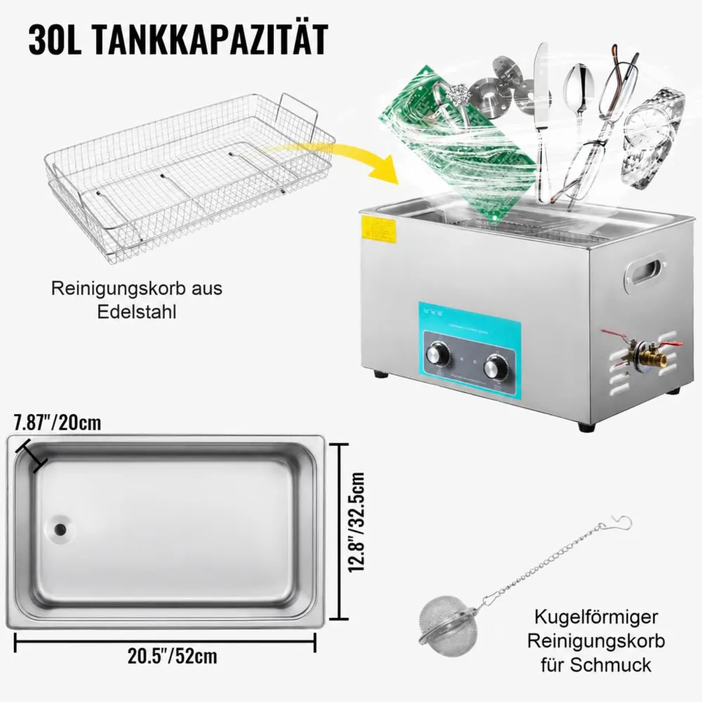 VEVOR Knob Control Ultrasonic Cleaner Ultraschallreiniger 30 L, Ultraschall Reinigungsgerät 40 kHz 600 W, Digitaler Ultraschallreiniger, Schmuck Reinigung Ultraschall 220 V, Ultraschallreinigungsgerät