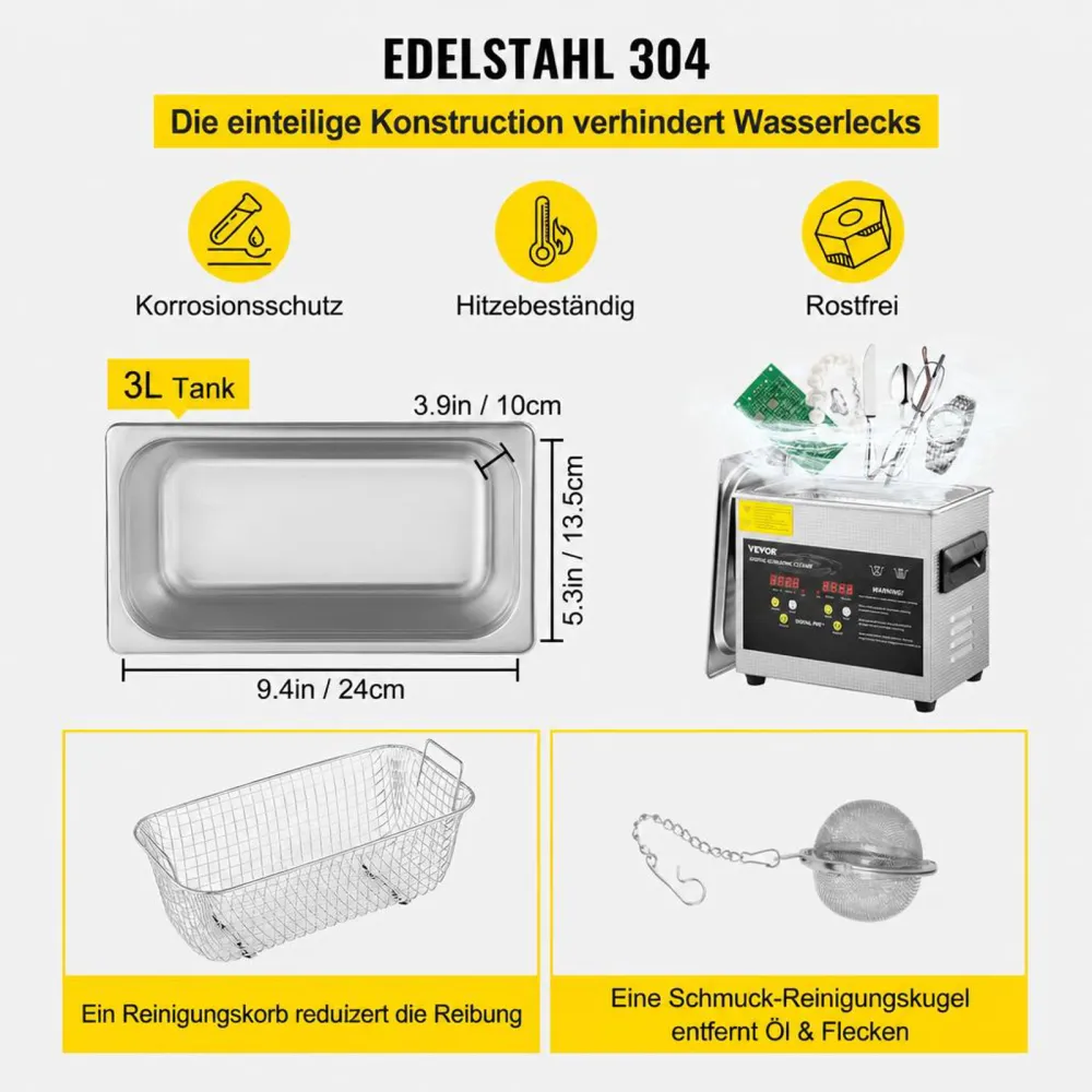 VEVOR 3 L Verbesserter Ultraschallreiniger (200 W Heizung, 120 W Ultraschall) Professioneller digitaler Labor-Ultraschall-Teilereiniger mit Heizungstimer für die Reinigung von Schmuckgläsern