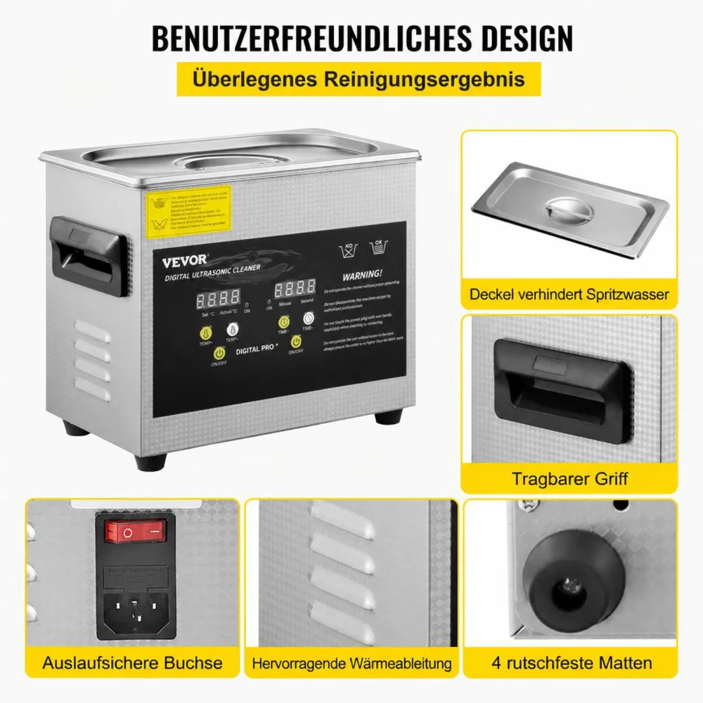 VEVOR 3 L Verbesserter Ultraschallreiniger (200 W Heizung, 120 W Ultraschall) Professioneller digitaler Labor-Ultraschall-Teilereiniger mit Heizungstimer für die Reinigung von Schmuckgläsern