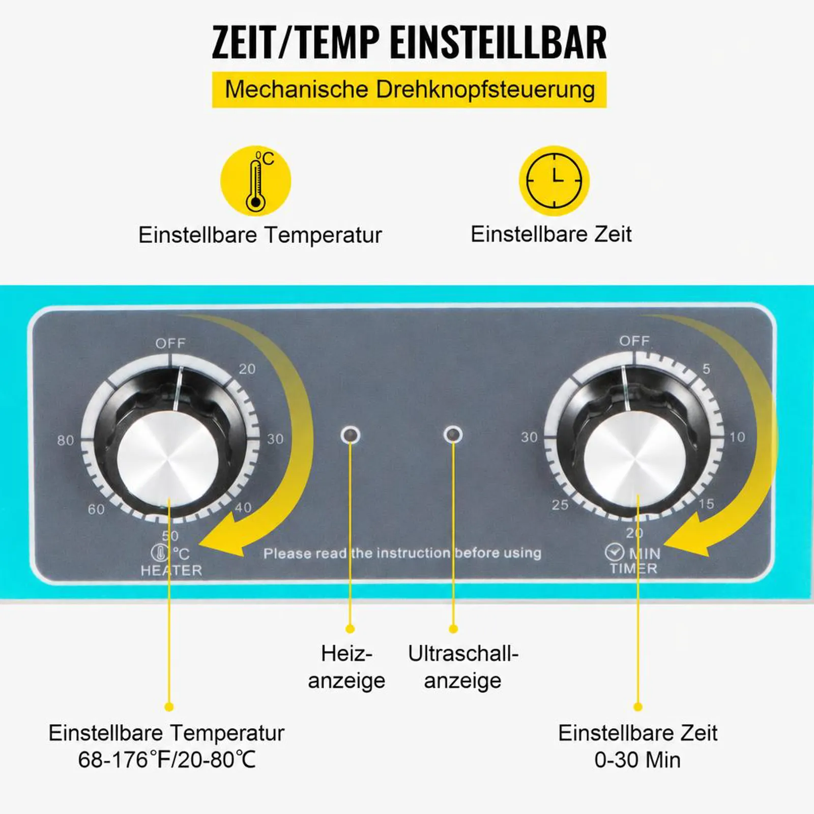 VEVOR Knob Control Ultrasonic Ultraschallreiniger 6,5 L, Ultraschall Reinigungsgerät 220 V, Ultraschallreiniger mit Heizung, Schmuckreiniger Ultraschall 40 kHz, Digitaler Ultraschallreiniger 300 W