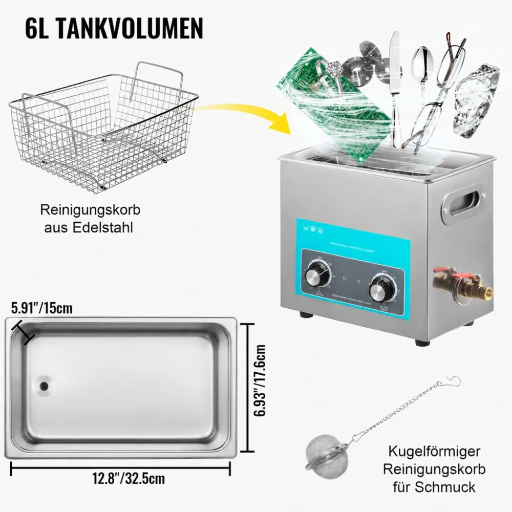 VEVOR Knob Control Ultrasonic Ultraschallreiniger 6,5 L, Ultraschall Reinigungsgerät 220 V, Ultraschallreiniger mit Heizung, Schmuckreiniger Ultraschall 40 kHz, Digitaler Ultraschallreiniger 300 W