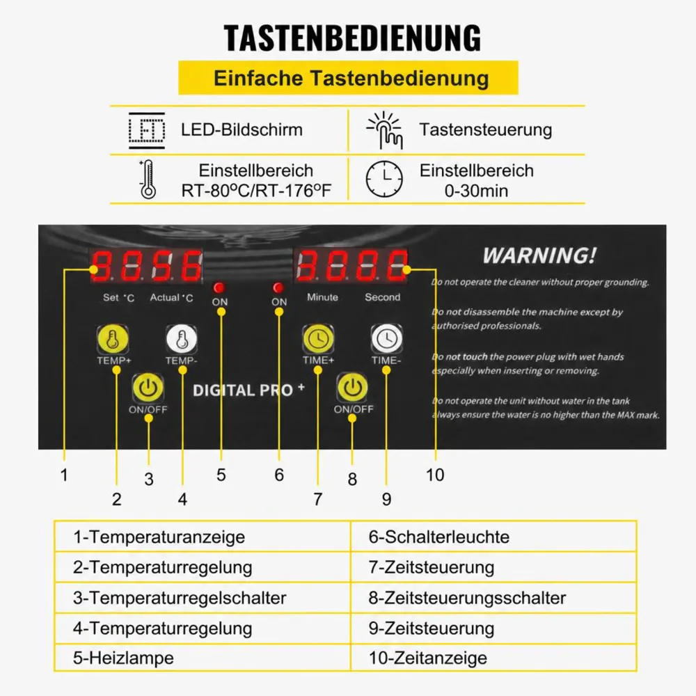VEVOR 6L Verbesserter Ultraschallreiniger (200 W Heizung, 180 W Ultraschall) Professioneller digitaler Labor-Ultraschall-Teilereiniger mit Heizungstimer für die Reinigung von Schmuck, Brillen