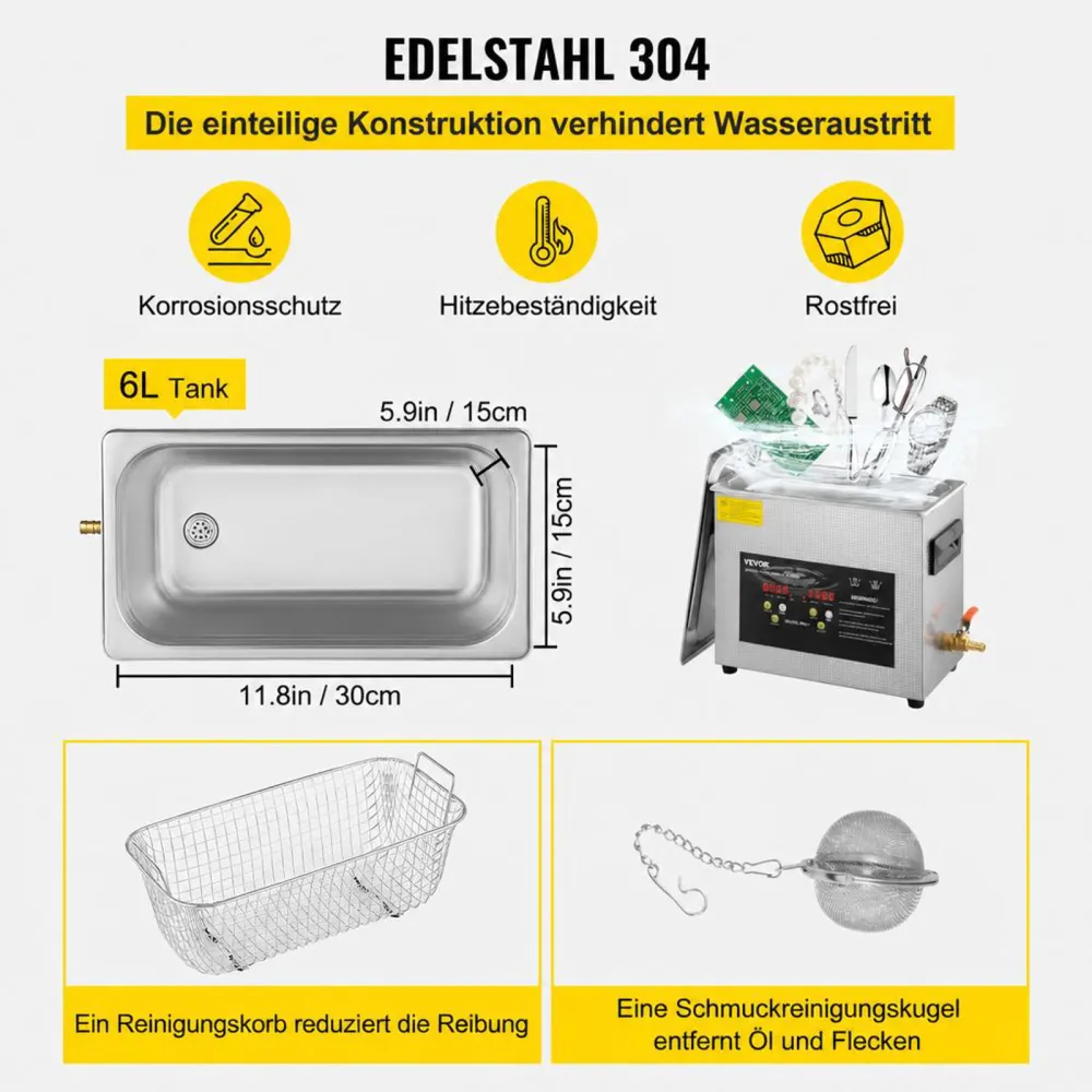 VEVOR 6L Verbesserter Ultraschallreiniger (200 W Heizung, 180 W Ultraschall) Professioneller digitaler Labor-Ultraschall-Teilereiniger mit Heizungstimer für die Reinigung von Schmuck, Brillen