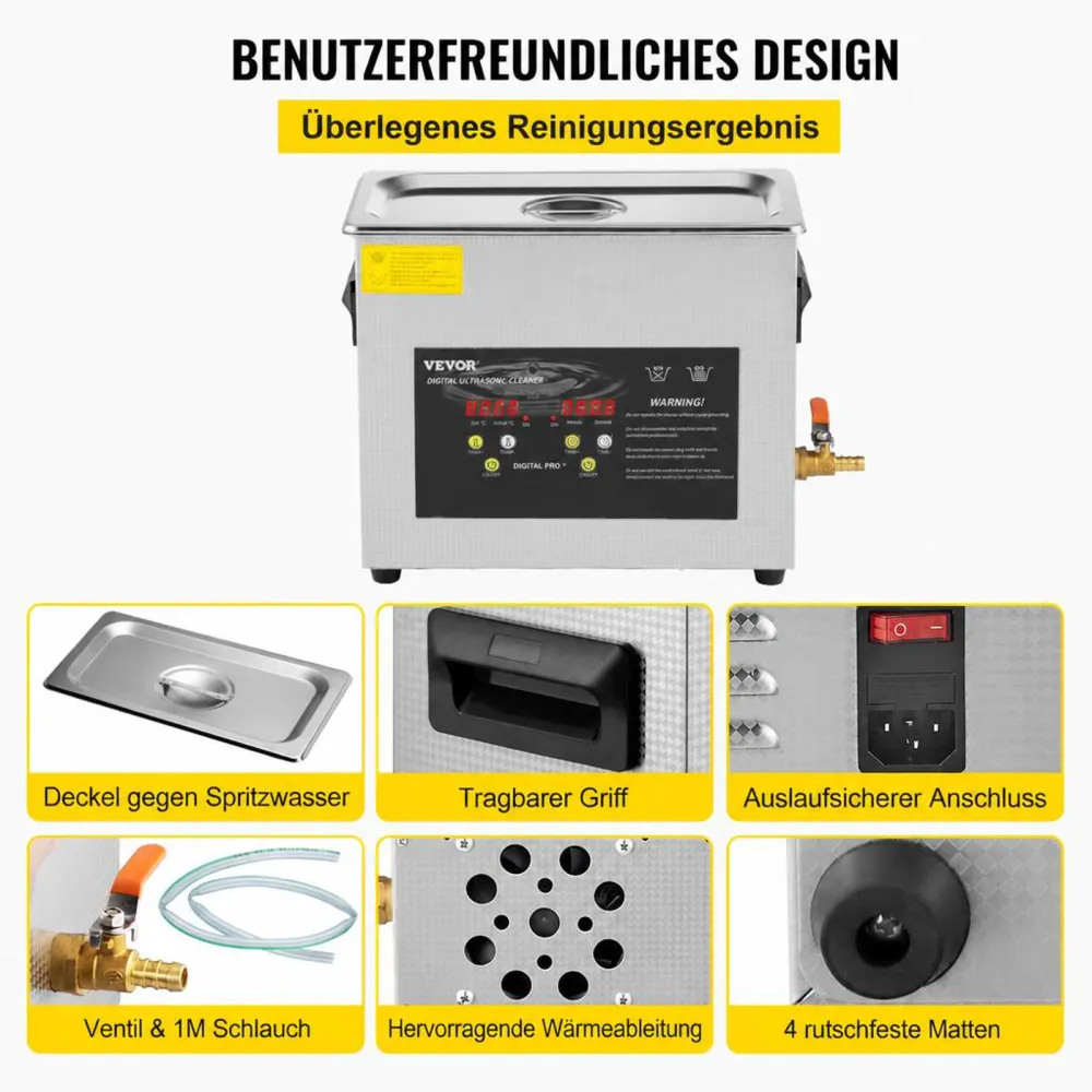 VEVOR 6L Verbesserter Ultraschallreiniger (200 W Heizung, 180 W Ultraschall) Professioneller digitaler Labor-Ultraschall-Teilereiniger mit Heizungstimer für die Reinigung von Schmuck, Brillen