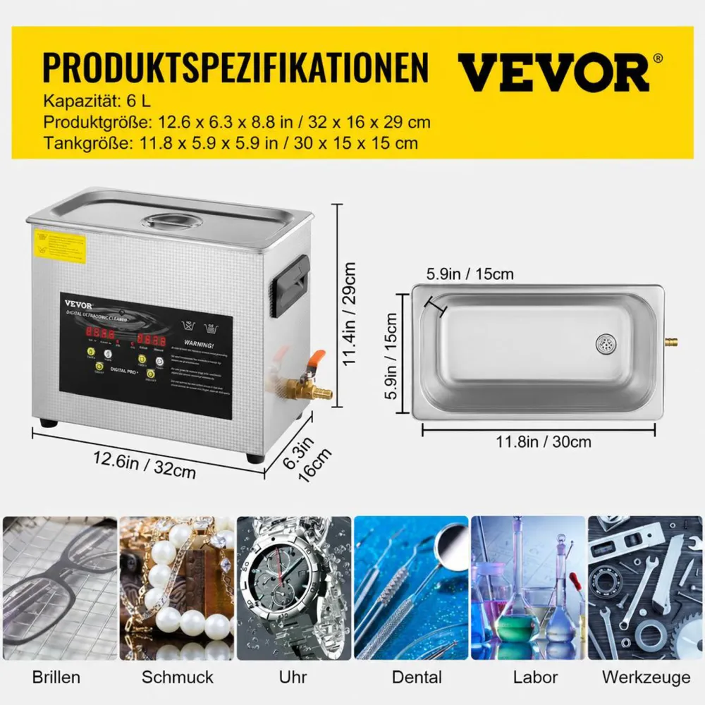 VEVOR 6L Verbesserter Ultraschallreiniger (200 W Heizung, 180 W Ultraschall) Professioneller digitaler Labor-Ultraschall-Teilereiniger mit Heizungstimer für die Reinigung von Schmuck, Brillen