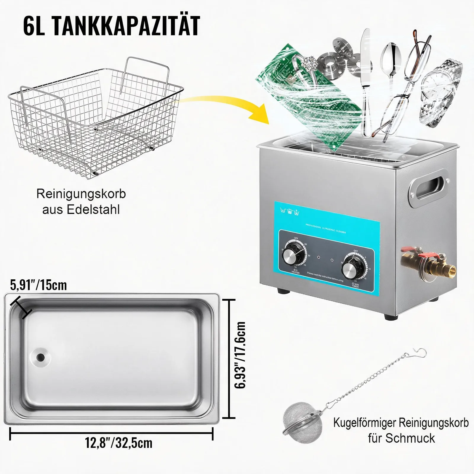 VEVOR 6 L Ultraschallreiniger, 304 Edelstahl, professionelle Drehknopfsteuerung, Ultraschallreiniger mit Heizungstimer für Schmuck, Uhrengläser, Leiterplatten, Kleinteile, zahnärztliche Instrumente