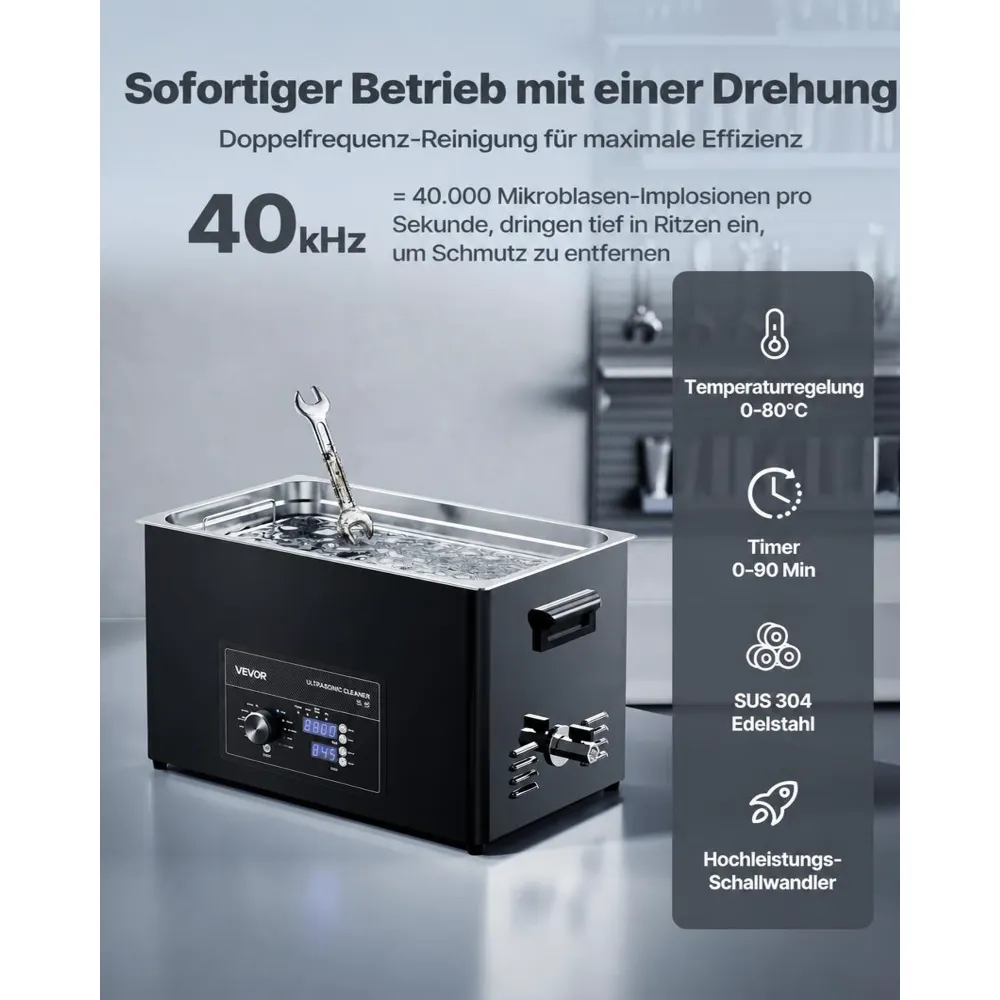 VEVOR Ultraschallreiniger professionelles Ultraschallreinigungsgerät mit Drehknopfsteuerung 30 L, Reinigungsgerät mit Korb & Reinigungskugel, Ultraschallgerät für Uhren Rasierer Schmuck Münzen