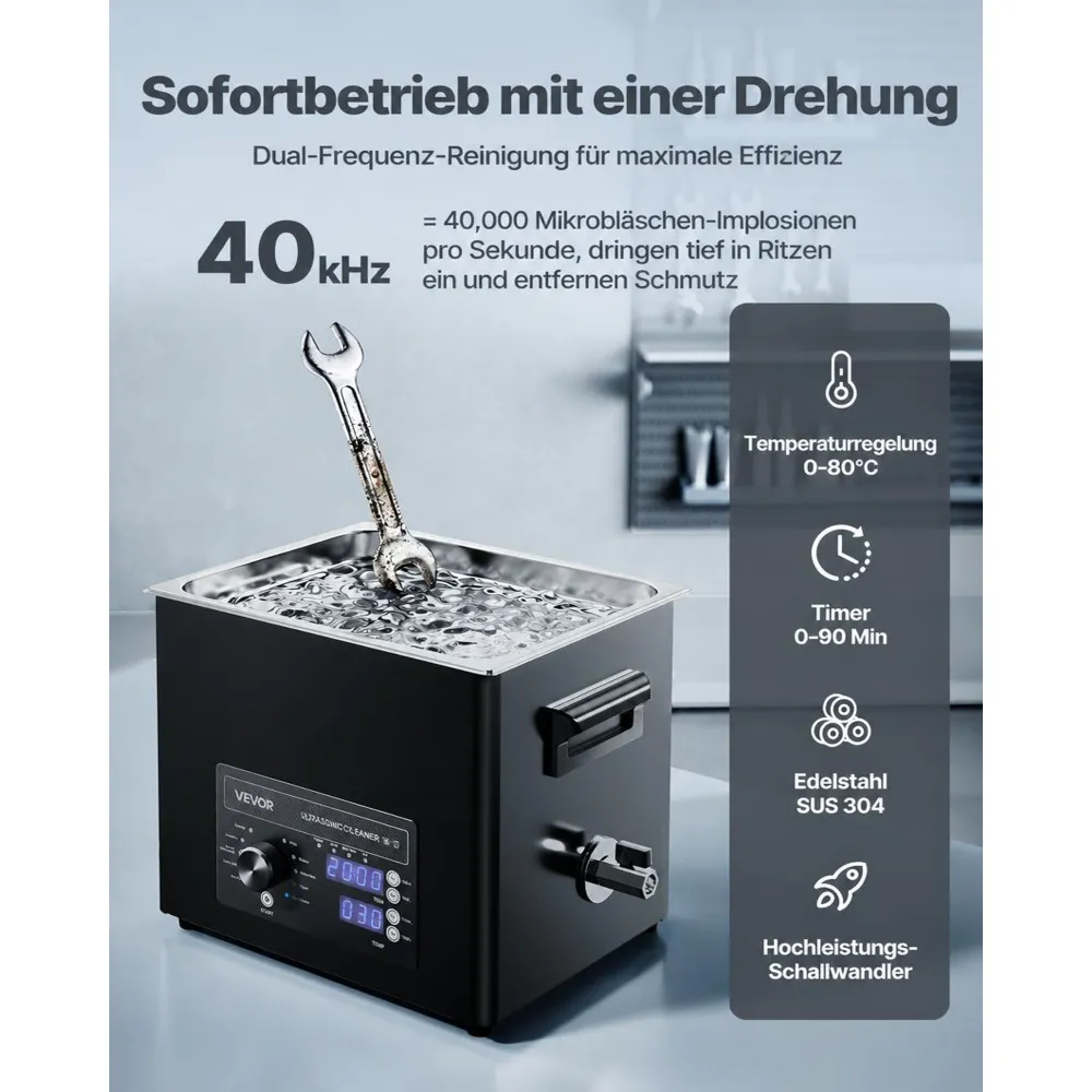 VEVOR Ultraschallreiniger professionelles Ultraschallreinigungsgerät mit Drehknopfsteuerung 10 L, Reinigungsgerät mit Korb & Reinigungskugel, Ultraschallgerät für Uhren Rasierer Schmuck Münzen