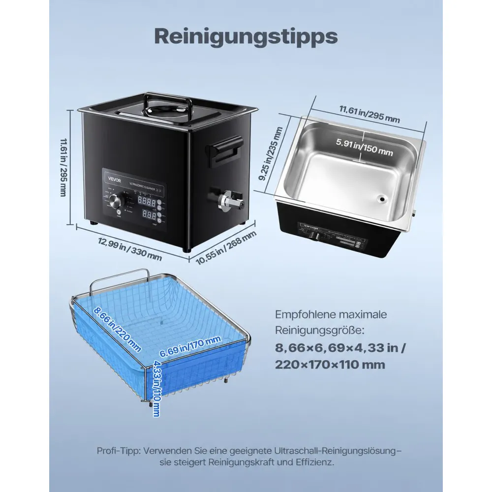 VEVOR Ultraschallreiniger professionelles Ultraschallreinigungsgerät mit Drehknopfsteuerung 10 L, Reinigungsgerät mit Korb & Reinigungskugel, Ultraschallgerät für Uhren Rasierer Schmuck Münzen