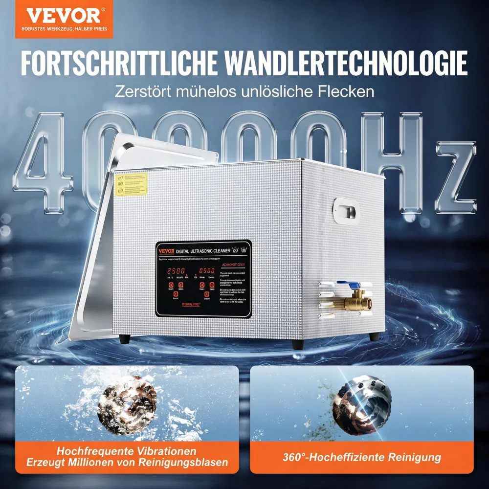 VEVOR Ultraschallreiniger 15 L professionelle 360 W Reinigungsmaschine mit Timer & Heizung, digitaler 40 kHz Ultraschallreiniger mit Korb für Uhrgläser Schmuckhalter Industrieteile Werkzeuge Silber