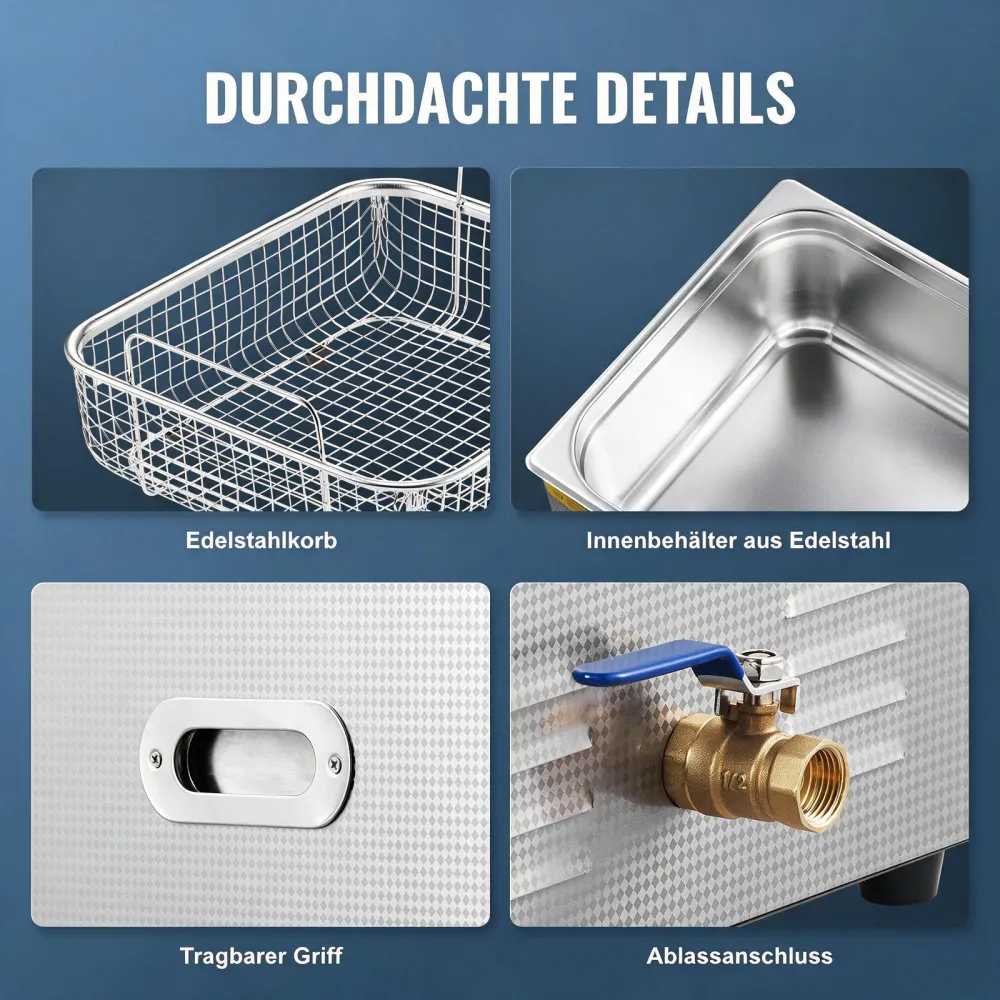 VEVOR Ultraschallreiniger 15 L professionelle 360 W Reinigungsmaschine mit Timer & Heizung, digitaler 40 kHz Ultraschallreiniger mit Korb für Uhrgläser Schmuckhalter Industrieteile Werkzeuge Silber